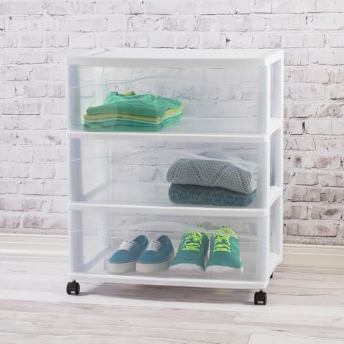 Sterilite Wide 3-Drawer Cart with Wheels for Bedroom and Dresser, 4-Pack