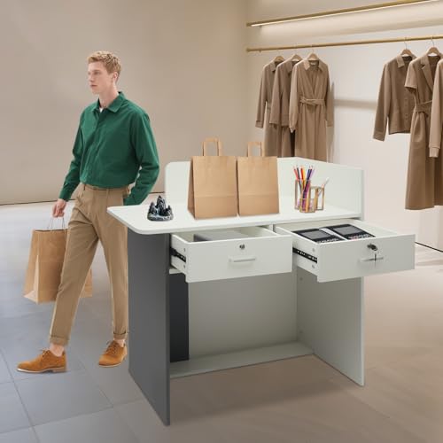 Reception Desk with Counter, Modern Front Desk Reception Room Table with LED Light, Lockable Drawer, Cable Hole, Retail Counter for Checkout, Office, Beauty Salon, Lobby, 39.37*17.72*39.37in (Grey)