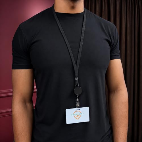 Bulk 25 Pack - Black Badge Reel Lanyard with Safety Breakaway Neck Strap for Long Reach - Removable Retractable No Twist Reel I’d Card Holder for Nurses, Access Badges & More by Specialist ID