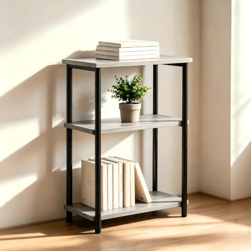 HULKFIT Sturdy 3-Tier Storage Shelf, Adjustable Utility Rack with High Load Capacity, Easy Assembly Side Table, Multi-Purpose Display Stand for Books, Plants, and Kitchenware, Grey