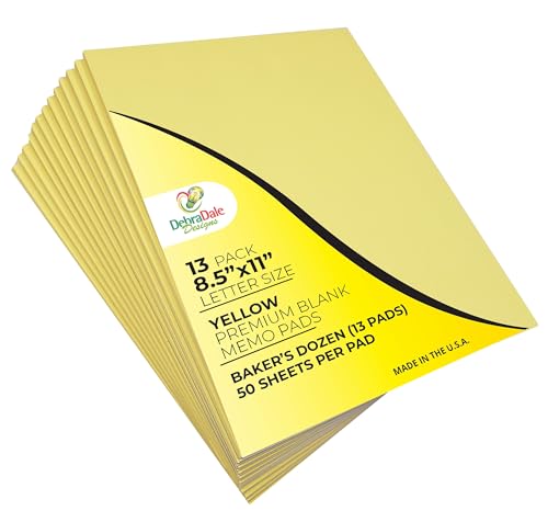Debra Dale Designs 8.5×11 Yellow Memo Pads – 13 Unruled Notepads with 50 Sheets Each – Full Letter Size Blank Writing Pads – Made in USA