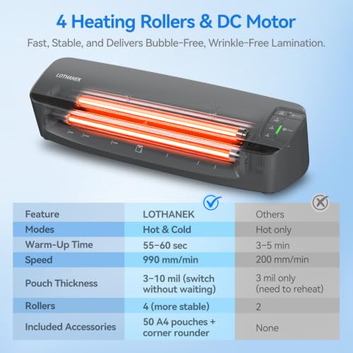 13 inch Heavy Duty Commercial Laminator Machine, LOTHANEK 4-Roller, 3-10 Mil, 60S Warm-up, 990mm/min, A3 Laminating Machine with 50 Sheets for Home, Office, School, Crafts