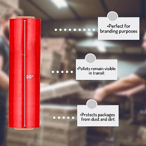PSBM 4 Rolls Red 20 Inch x 1000 Feet 80 Gauge Stretch Film/Wrap, Heavy Duty Industrial Strength Shrink/Plastic Wrap for Moving, Packing, Shipping, Pallet Wrapping & Storage
