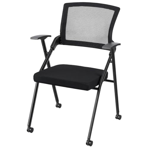Office Chair, Foldable Conference Chair with Armrest and Ergonomic Mesh Back, Stackable Guest Chair with PU Wheels, Reception Meeting Chair for Office, Training Room and Waiting Area