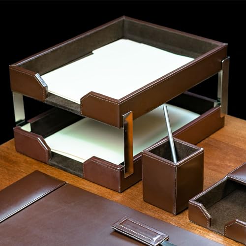 Dacasso Dark Brown Bonded Leather Front-Load Double Letter Tray Set w/Silver Stacking Posts - Luxury Executive Decor and Office Essential - Desk Surface Protector