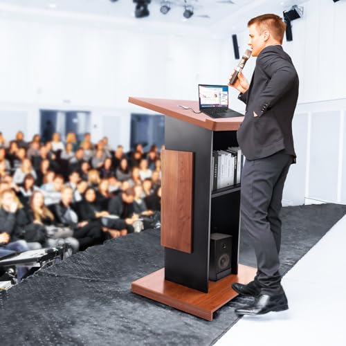 Vakiorn 47" Portable Wooden Podium, Wood Speaking Lectern Stand, Reserved Wire Hole, Lockable Wheels, Design with Storage, Standing Pulpit for Church Office School Home Conference Restaurant Meeting