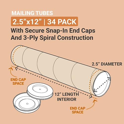 BOX USA Cardboard Tubes with Caps, 12"L x 2.5"W x 2.5"H, Pack of 34 | Poster Tube for Mailing and Storage of Blueprints, Artwork, Crafts, Long Art Holder, 12 inches