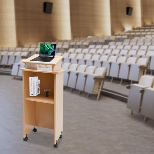 Rolling Podium Stand with Wheels Farmhouse Wood Presentation Standing Portable Lectern Speaking Podium Stand with Storage Shelf and Slant Desktop for Church Office School Classroom Home (Oak Color)