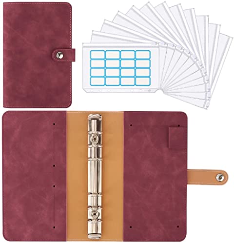 QERTYHKK A6 Notebook Budget Binder, Mini PU Leather Money Organizer with 12 PCS Clear Plastic Zippered Cash Envelopes Pockets & Label