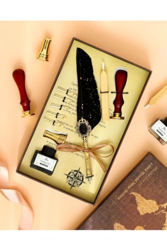 SODEF Traditional Calligraphy Divit Inkwell Set with Feather Pen, Metal Nib, Wax Seal & VIP Gift Box - Ottoman Divit Inkwell Set
