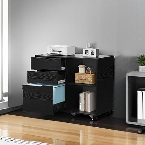 OLIXIS 3 Drawer File Cabinet Mobile Lateral Printer Stand with Adjustable Storage Shelves for Home Office Small Space, Black