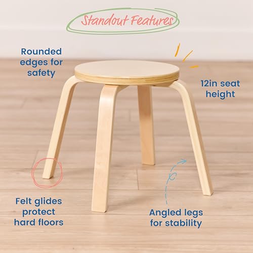 ECR4Kids Bentwood Stackable Stools, 12in Seat Height, 6-Piece, Natural