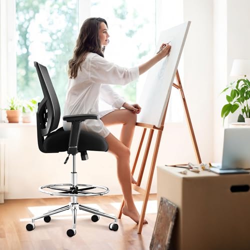 Drafting Chair Tall Office Chair for Standing Desk 500 LBS Heavy Duty with 21" Wide Seat Ergonomic Adjustable Lumbar Support Pressure Locking Casters Footrest Counter Height Black