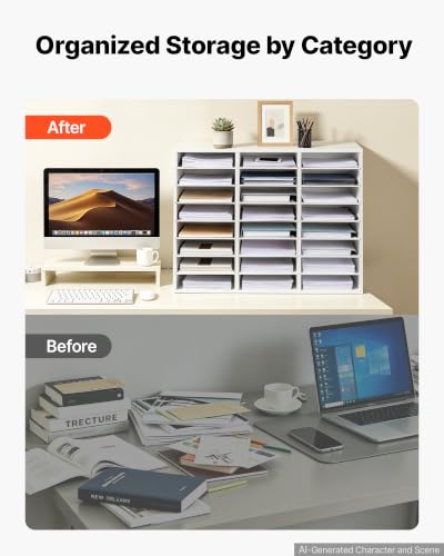 VEVOR Wood Literature Organizer 24 Compartments Office Mailboxes White | Countertop Literature Sorter for Files Documents Papers, with Adjustable Shelves, for Office, Home, Classroom Organization