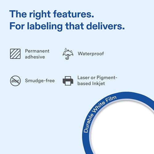Avery Durable White Round Waterproof Labels, 2" Diameter, Laser/Pigment-Based Inkjet Printer Compatible, 2000 Printable Labels Total, Great for Branding, Packaging, and More