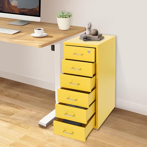 KONGKUNI 6 Drawer Metal File Cabinet for Home Office, Vertical File Cabinet with Lock, Locking Filing Cabinet Rolling File Cart for A4/ Legal/Letter, Require Assembly, Yellow
