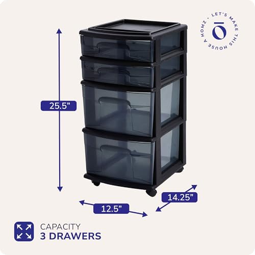HOMZ Drawer Tower, 4-Tier Storage Cart with Removable Wheels, Black, 2 Pack