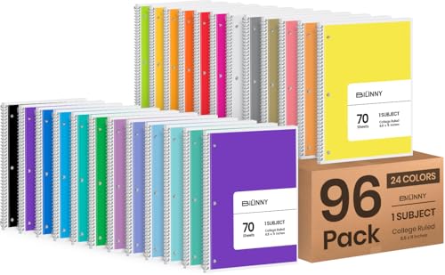 Bilinny - Spiral Notebook 96 Pack of 48 Bright & 48 Pastel Colors, 1 Subject, College Ruled, Notebooks for School - 8 X 10.5 Inch - 70 Sheets (96 Pack)