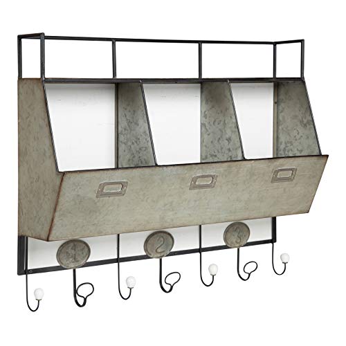 Kate and Laurel Arnica Antique White Wood and Metal Wall Storage Pockets with Hooks