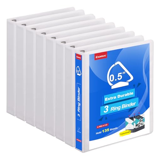 COMIX Heavy Duty 0.5 inch Slant-D Ring View Binder, 1/2 inch 3 Ring Binders, Hold 125 Sheets of 8.5" x 11" Paper, 8 Pack (White)