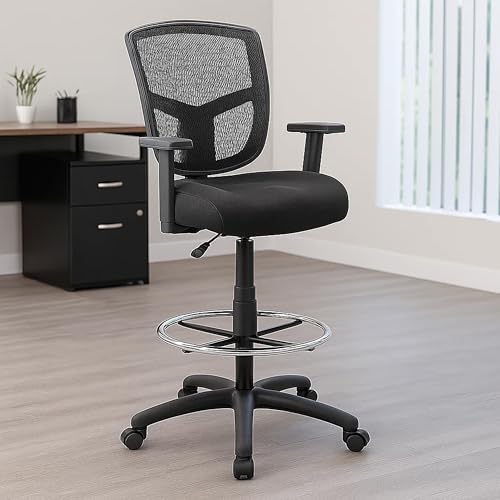 Benzara MEA Drafting Stool Chair, Adjustable Arms, Black Mesh, Chrome Footring