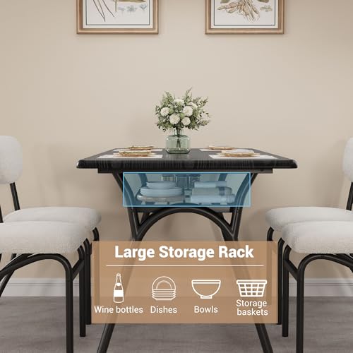 GAOMON Modern Rectangular Dining Table Set for 4, Boucle Chairs with Storage Rack for Small Space, White Lambskin Chair & Black Table