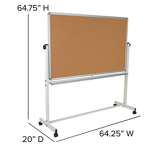 BizChair Reversible Mobile Cork Bulletin Board and White Board with Pen Tray, 64.25"W x 64.75"H