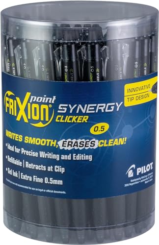 Pilot, FriXion Synergy Clicker Erasable, Refillable, Retractable Gel Ink Pens, Extra Fine Point 0.5 mm, Tub of 36, Black Ink