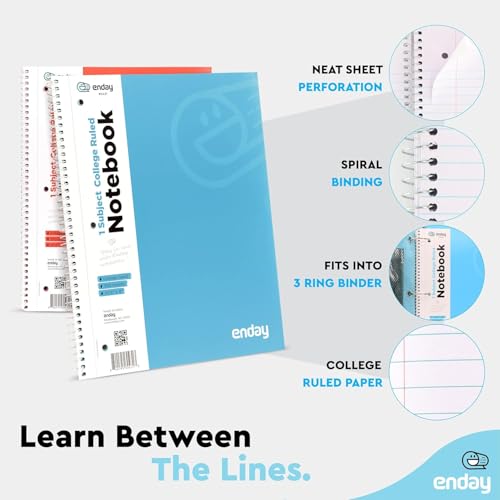 Bulk 48 Pack 1 Subject Spiral Notebooks, College Ruled, Hardcover Spiral Bound Notebooks for School and College, 140 Pages (70 Sheets) 3 Hole Punched Notebook, Multicolor, By enday