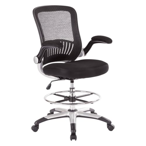 Pemberly Row Mesh Back Drafting Chair, Adjustable Foot Ring, Padded Flip Arms, Built-In Lumbar Support, Black Fabric Seat, Silver Frame, 24.75"W x 22.75"D x 49.75"H, Office or Workspace Comfort Chair