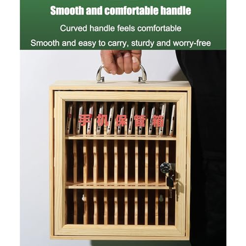 Cell Phone Cabinet Wood Pocket Chart Storage Locker Box, Desktop Mobile Phone Holder Organizer with a Lock, Mobile Phones Safe Deposit Box w/Portable Handle, for Office School Classroom Gym
