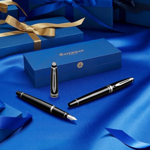 Waterman Expert Fountain Pen, Gloss Black with 23k Gold Trim, Fine Nib, Includes Gift Box - Luxury Writing