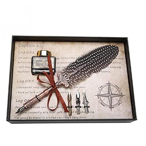 YMGSCC Retro Classical Feather Dip Pen Fountain Ink Bottle with 3 Nibs Stationery Gift Box for School Birthday Calligraphy(D)