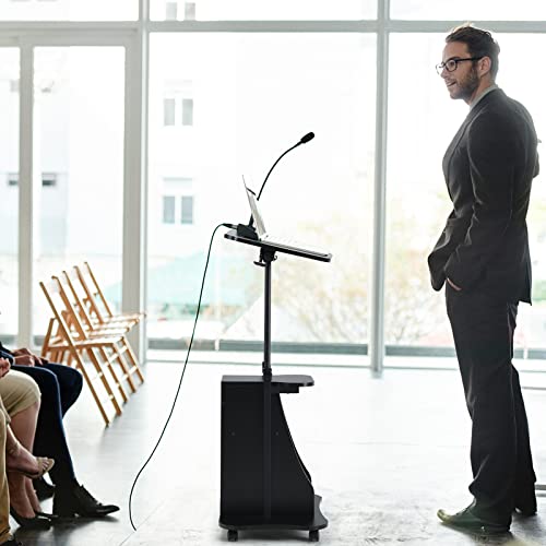 Mobile Laptop Podium, Portable Height Adjustable Podium Stand, Rolling Lectern Desk with Storage, 180° Tilting Top, Lockable Universal Casters, Sit-to-Stand Computer Desk for Home, Office