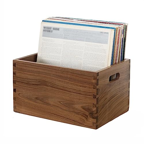 XAWSOP Vinyl Record Storage Crate Wooden Cd Record Holder, Black Walnut Cube Record Organizer Record Box, Vinyl Record Holder Storage Case,Large