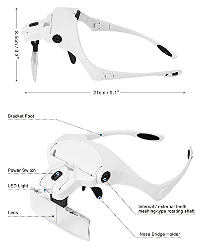 Headband Magnifier,Head Magnifier Glasses 1.0X 1.5X 2.0X 2.5X 3.5X Adjustable 5 Lens Loupe Light Headband Magnifier Glass Magnifying Glasses with Lamp