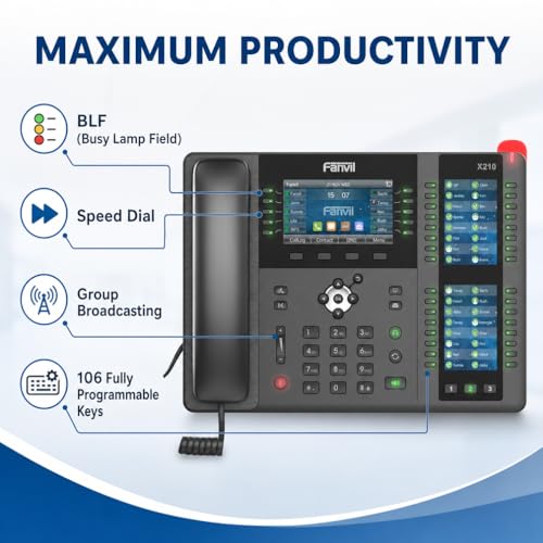 Fanvil X210-V2 Enterprise IP Phone for Receptionist, 20 SIP Lines with 106 Programmable DSS Keys, Wi-Fi Ready & Bluetooth 4.2, 4.3” Color Display with Dual Side Screens, PoE & Gigabit Ethernet