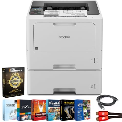 Brother HL‑L5210DWT Business Monochrome Laser Printer Bundle with 26‑Month Protection Plan, Printer Essentials Digital Download, 6FT 4K HDMI 2.0 Cable & 6FT USB Type‑A to Type‑B Printer Cable