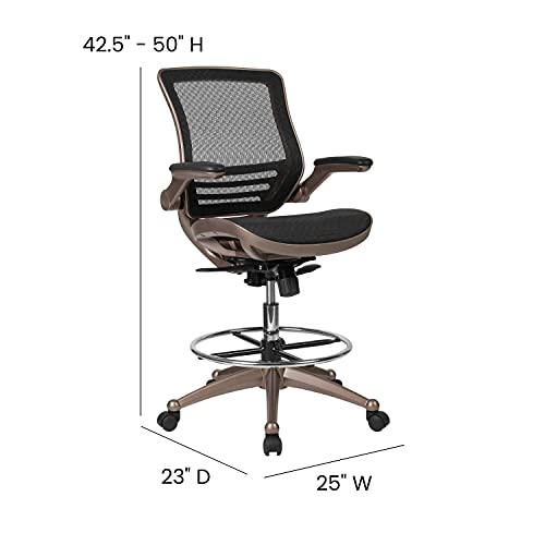 BizChair Mid-Back Transparent Black Mesh Drafting Chair with Melrose Gold Frame and Flip-Up Arms