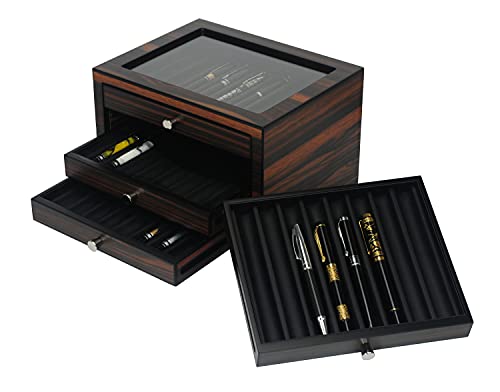 Lifomenz Co Stackable Wooden Display Case with Drawer – Slot Ebony Pen Cabinet, Luxury Fountain Pen Storage Box with Glass Window for Collection (2)