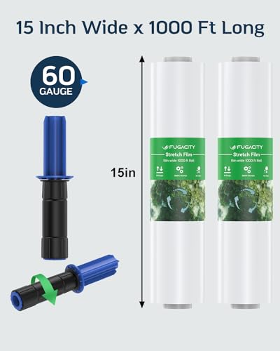 FugaCity Shrink Wrap-2 Rolls with Handles 15 inch W 1000ft L Heavy Duty Stretch Wrap,60 Gauge 500% Stretch Industrial Strength