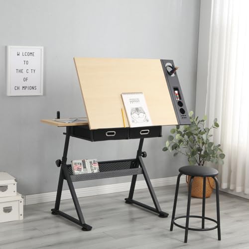 Drafting Table Art Table Adjustable Drawing Table Tilted Tabletop, Craft Table, with Storage Drawers and Stool, Crafting Desk with Storage for Painting Diamond Reading Writing Study (White B)