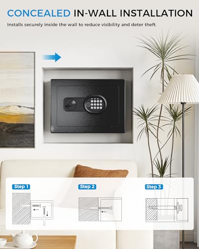 GTPLAYER Safe Box 0.44 Cubic Feet for College Dorm Room with Electronic Keypad and Fingerprint, Shelf, Wall Mount Kit, Hidden Home Safe for Money, Jewelry and Passport