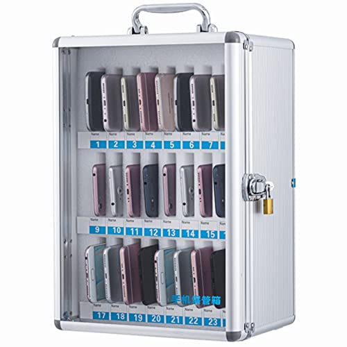 Phone Storage Box, Aluminum Alloy Clear Cell Phones Storage Cabinet Pocket Chart Storage Locker Box with Handle for Office Classroom, for Can Be Carried by Hand，Silver-24