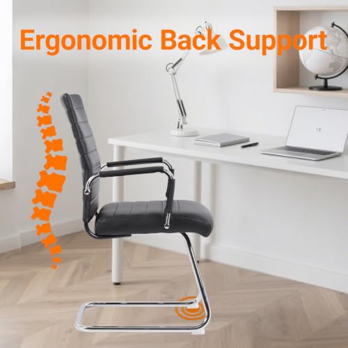 Sidanli Office Reception Chair No Wheels, Stationary Non Rolling PU Leather Mid Back Guest Chair with Sled Base for Conference Waiting Area, Black Set of 2