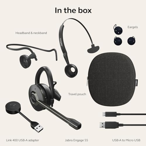 Jabra Engage 55 Convertible Wireless Headset with Ear Hook, Headband & Neckband, Link 400 USB-A DECT Adapter – Noise-Cancelling Micrphone, Extensive Range, Hearing Protection – UC Compatible – Black
