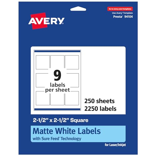 Avery® Matte White Square Labels, Sure Feed® Technology, 2.5" x 2.5", 2,250 Matte White Printable Labels