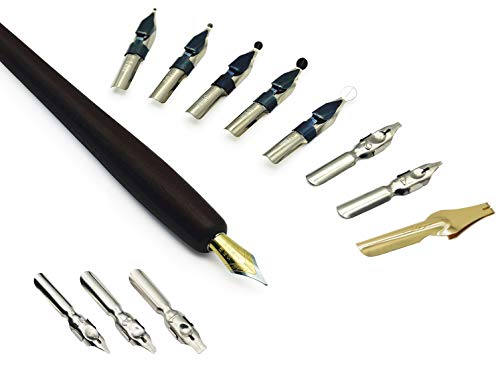 Plotube Calligraphy Pen Set – Includes Wooden Dip Pen, Antique Brass Holder, 11 Nibs, 7 Colors Ink Bottles and Beginner's Manual