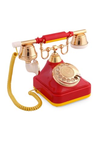 Retro Rotary Phone 7.5 x 6.3 x 5.1 inches Yellow Red Polyester Classic Style Landline for Home Office Living Room Energetic Vibrant Decor - Sarı Kırmızı