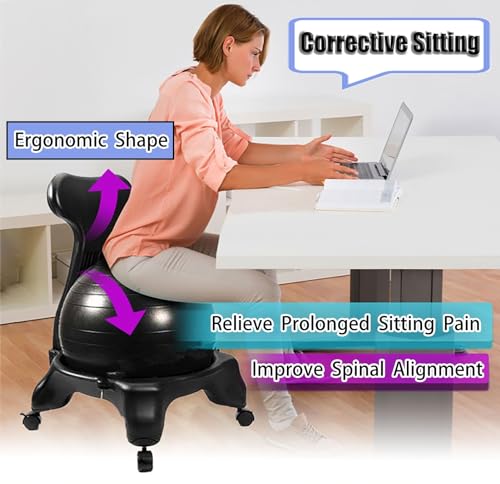 CMYUN Yoga Ball Chair Stability Ball Chair with Back Support, Desk Sitting Balls with Wheels & Air Pump, Ergonomic Balance Yoga Ball, Exercise Fitness Seat, 55cm